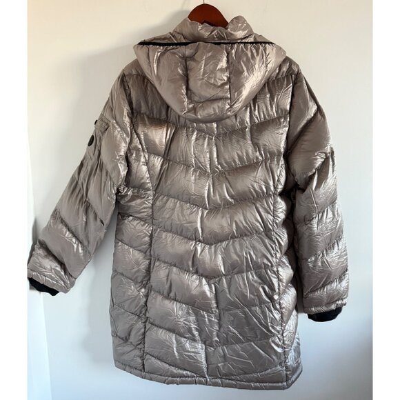 Y2K Andrew Marc XXL Metallic Hooded Down Puffer Coat 650 Fill Taupe Minimalist - Picture 2 of 14
